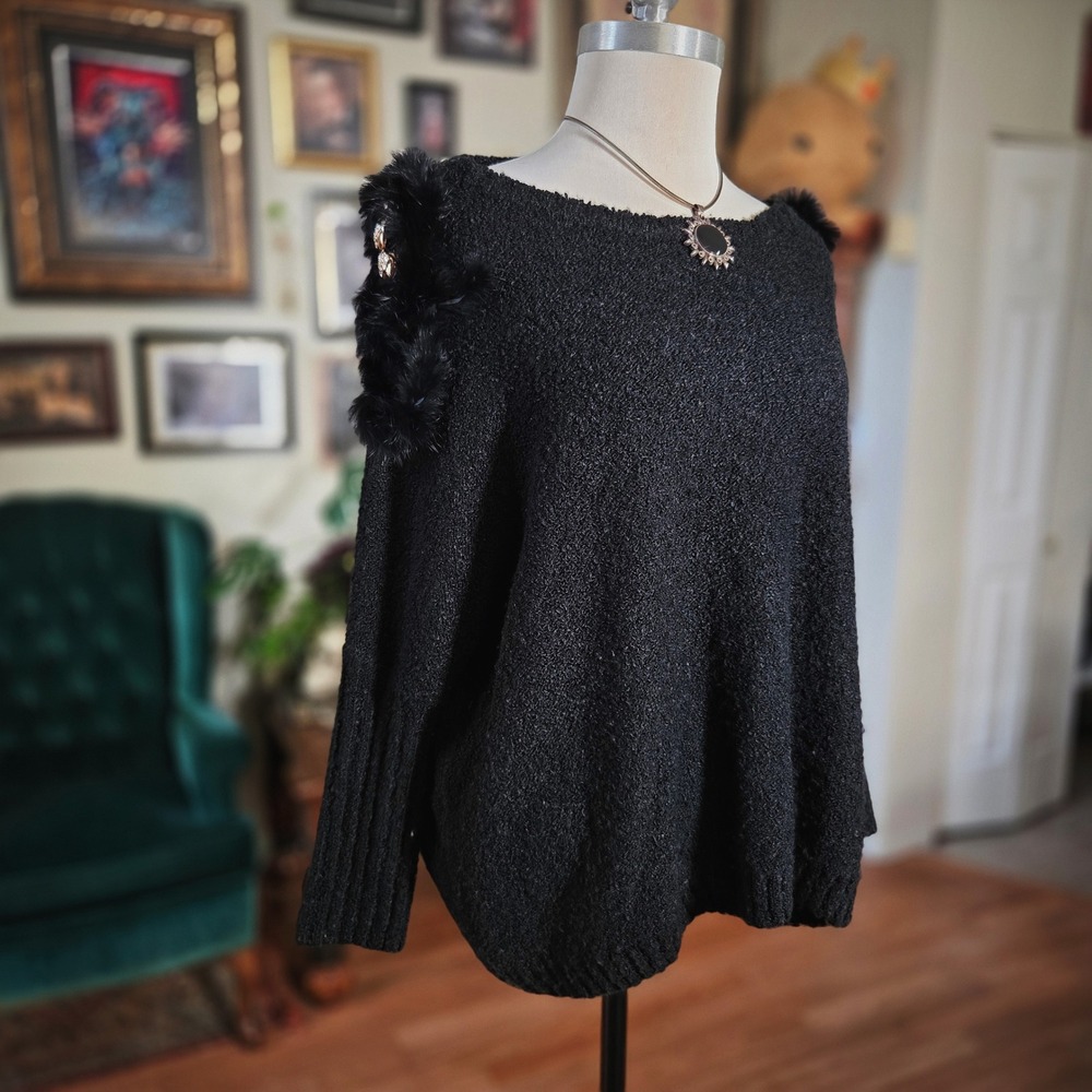 Black Off Shoulder Rabbit Fur Trim Sweater‎ Oversized Gold Cheetah Buttons